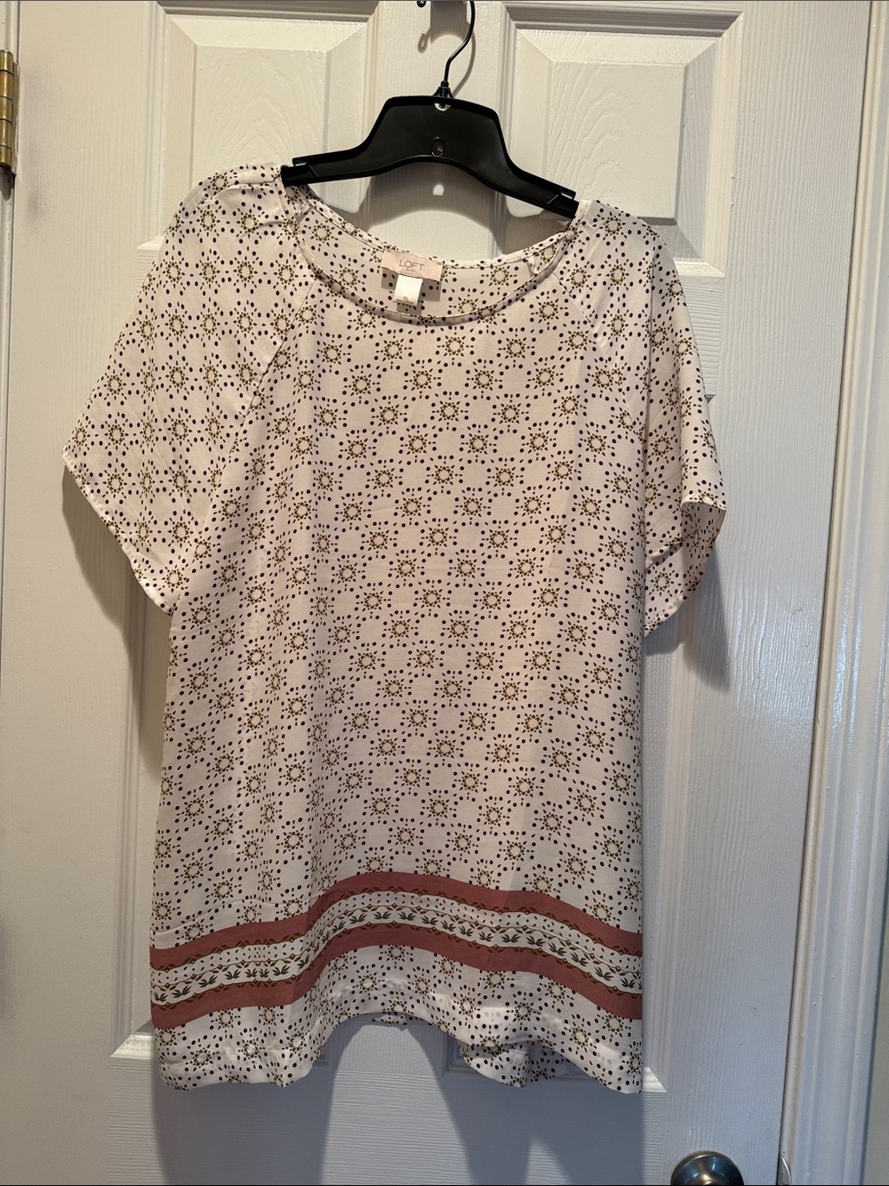 LOFT White Short Sleeve Blouse with Rust Border Detail